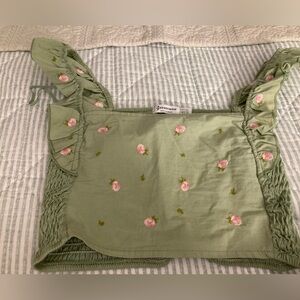 NWOT Green Floral-Embroidered Crop Top Stradivarius Puckered Elastic Back Sz XS